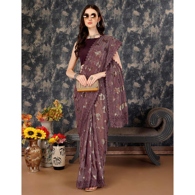 Dark Mauve Foil Printed Lycra Saree With Embroidered Lace Border