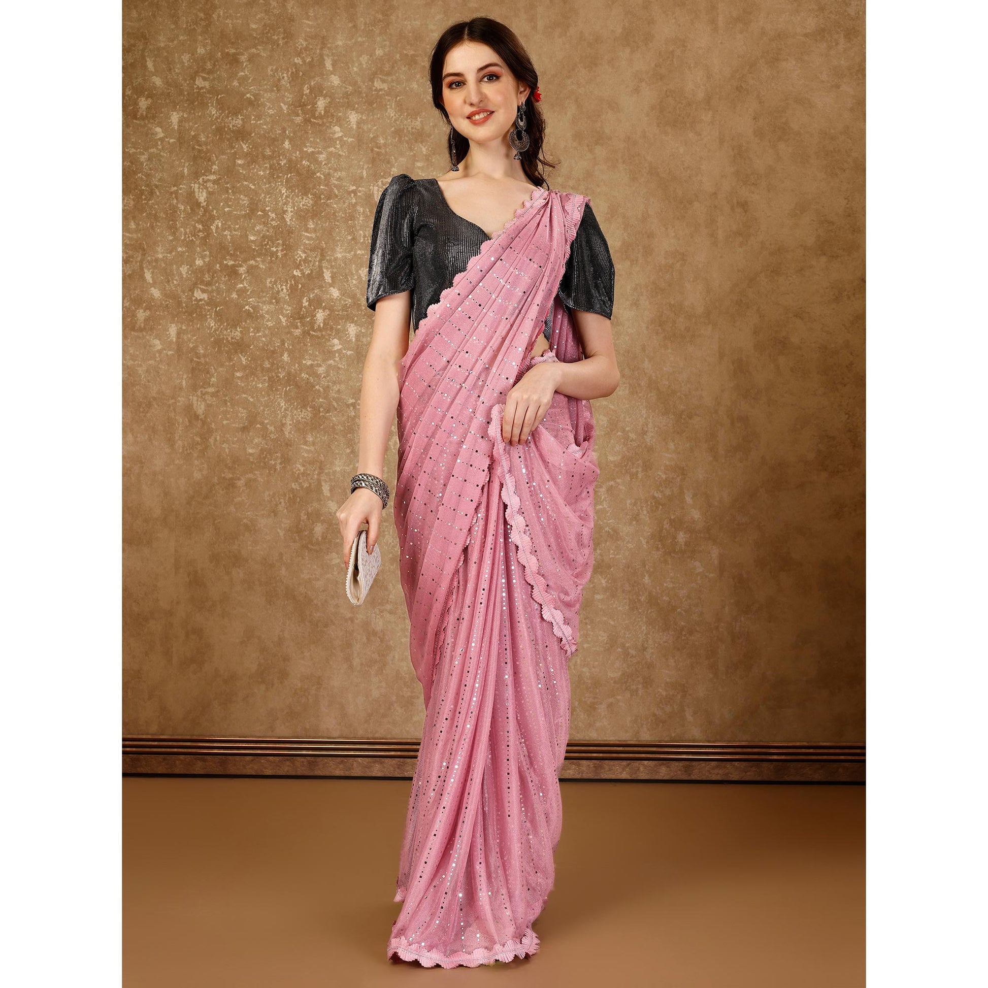 Light Pink Tikali With Swarovski Work Lycra Ready To Wear Saree