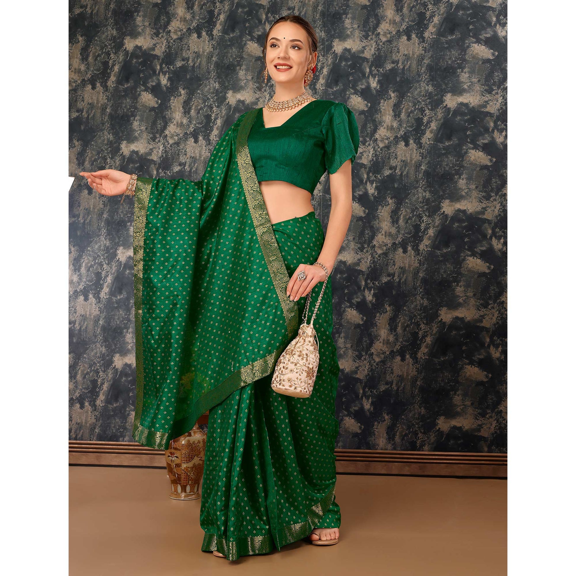 green-floral-foil-printed-vichitra-silk-saree-with-lace-border