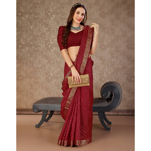 Dark Maroon Floral Foil Printed Vichitra Silk Saree With Lace Border