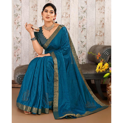 Morpich Floral Swarovski Work Vichitra Silk Saree With Lace Border