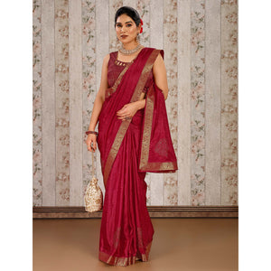 Maroon Floral Swarovski Work Vichitra Silk Saree With Lace Border