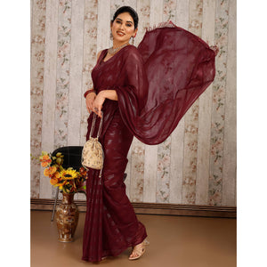 Maroon Swarovski Work Chiffon Saree With Tassels