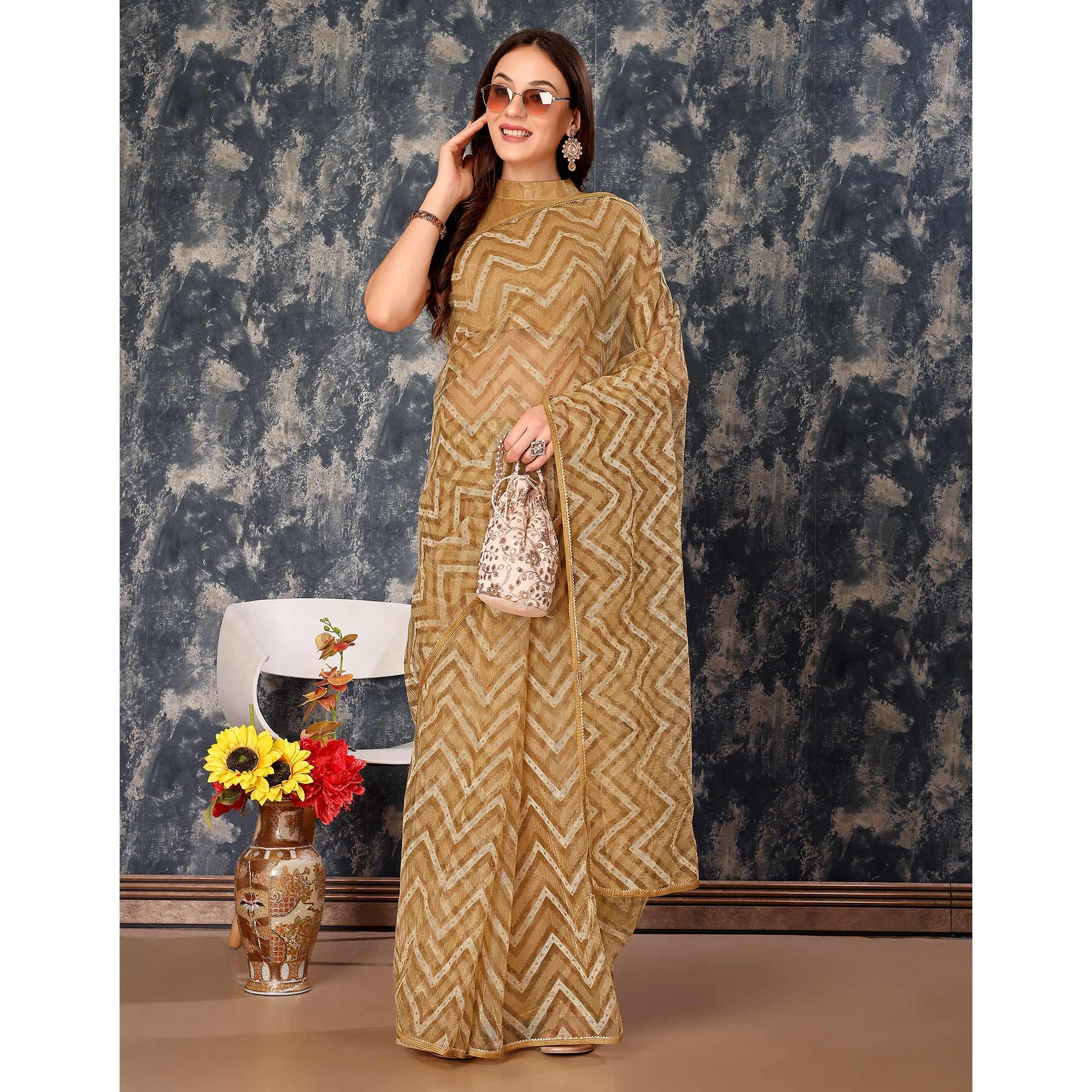 Chikoo Printed With Zari Work Cotton Silk Saree With Lace Border