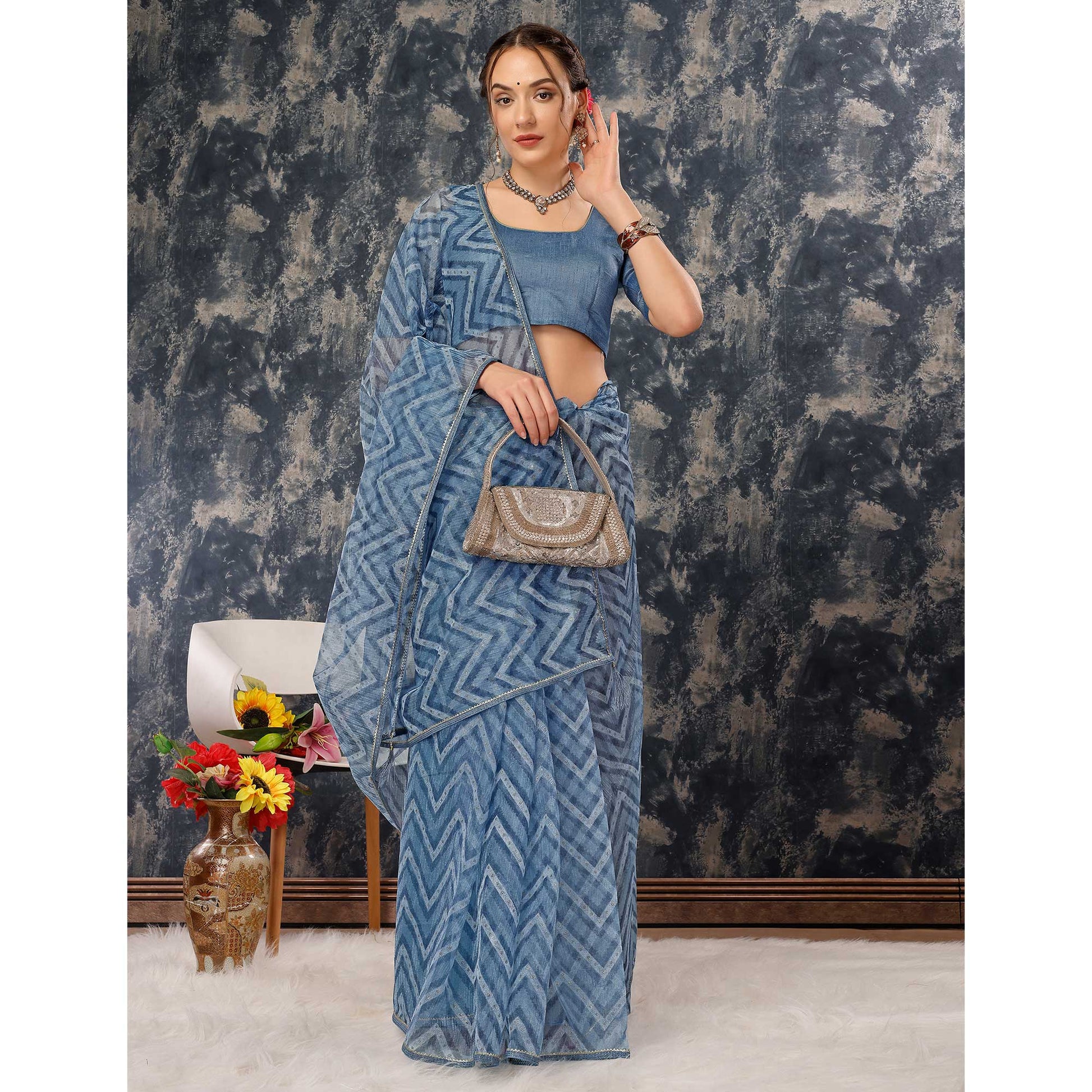 Greyish Blue Printed With Zari Work Cotton Silk Saree With Lace Border