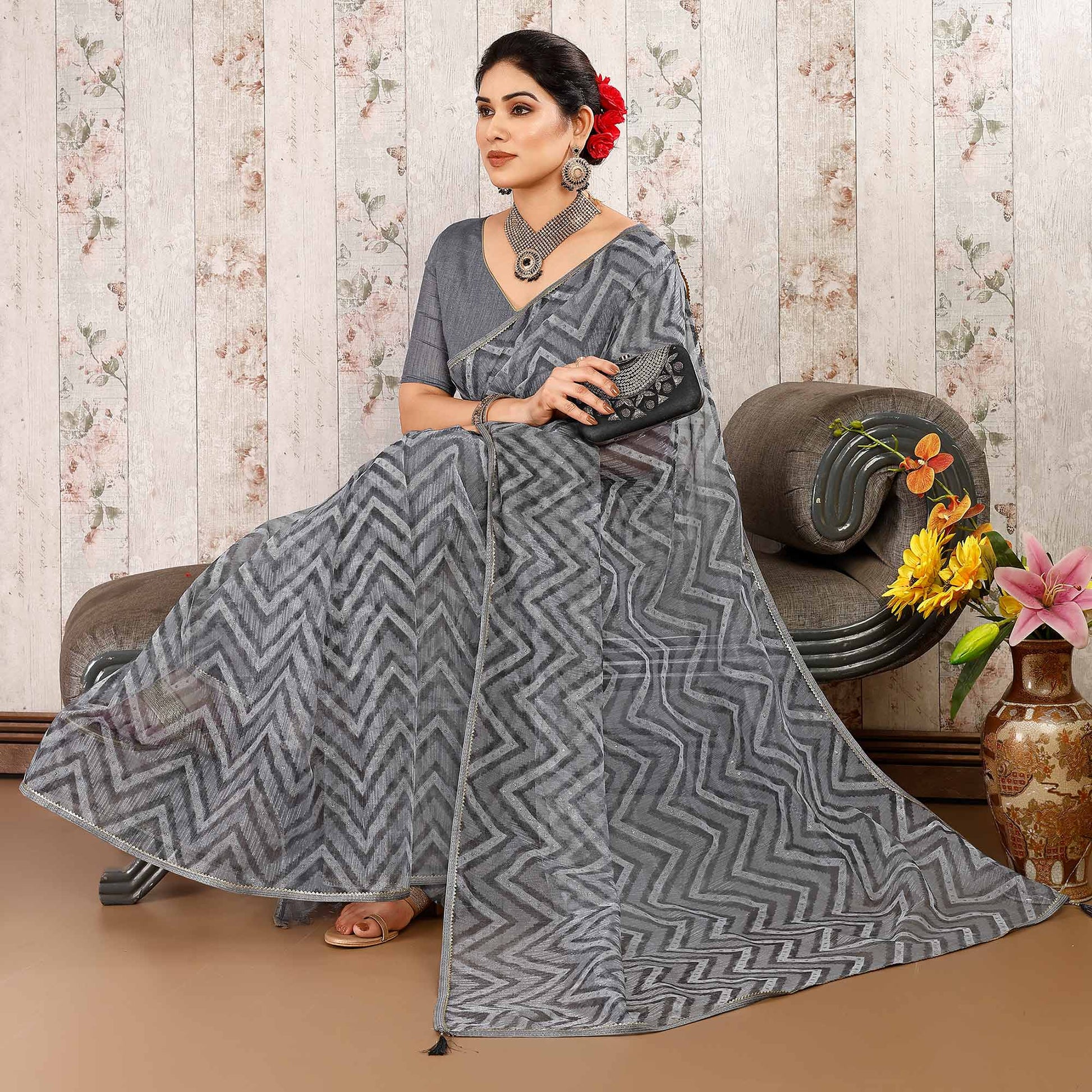 Grey Printed With Zari Work Cotton Silk Saree With Lace Border