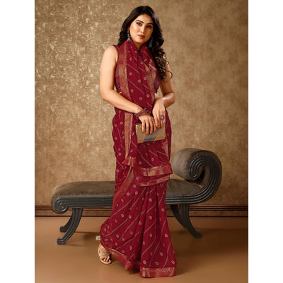Maroon Floral Foil Printed Chiffon Saree With Lace Border