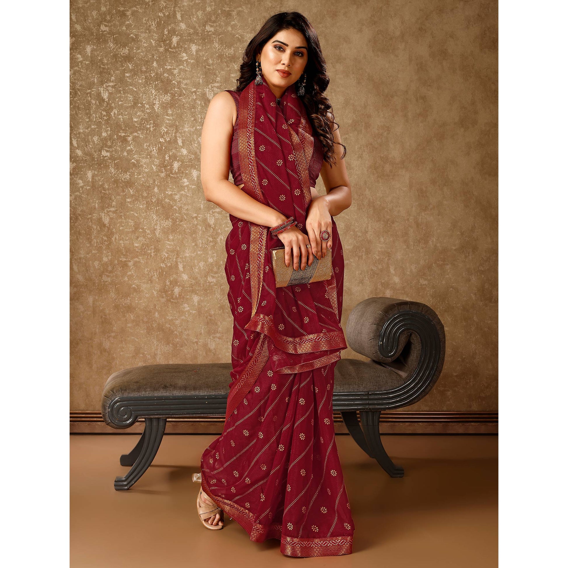 Maroon Floral Foil Printed Chiffon Saree With Lace Border