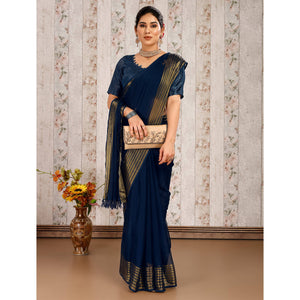 Blue Swarovski Work Chiffon Saree With Woven Border