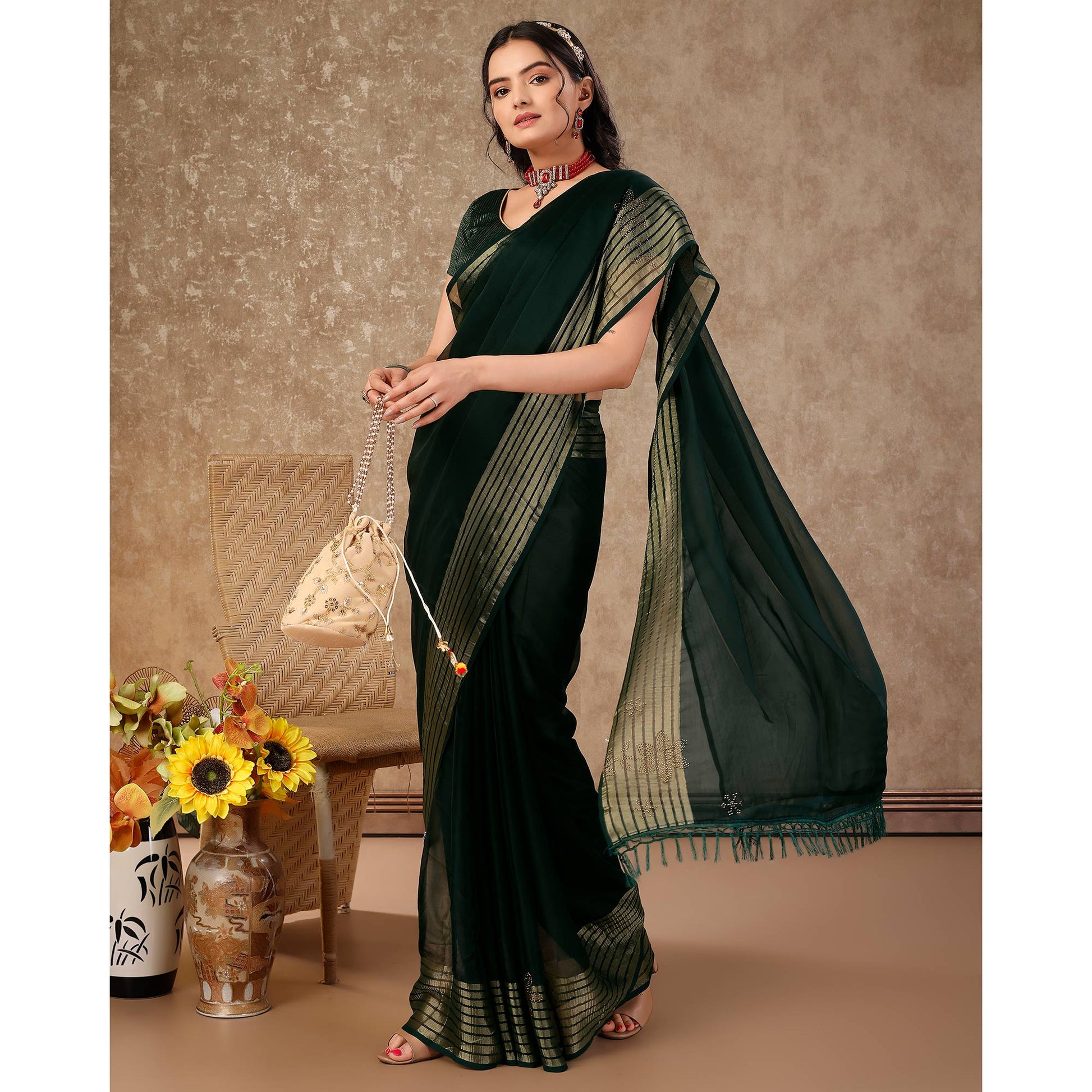 Bottle Green Swarovski Work Chiffon Saree With Woven Border