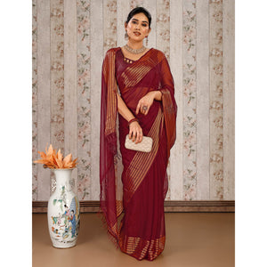Maroon Swarovski Work Chiffon Saree With Woven Border