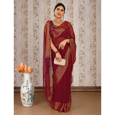 Maroon Swarovski Work Chiffon Saree With Woven Border