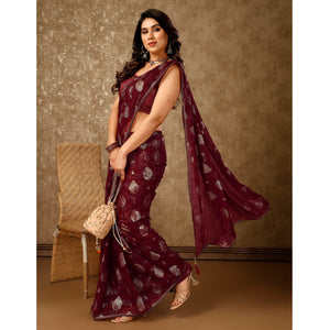 Maroon Foil Printed Chiffon Saree With Gota Patti Lace Border