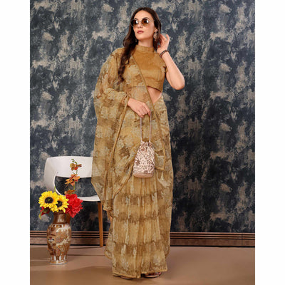 Chikoo Floral Printed With Zari Work Cotton Silk Saree