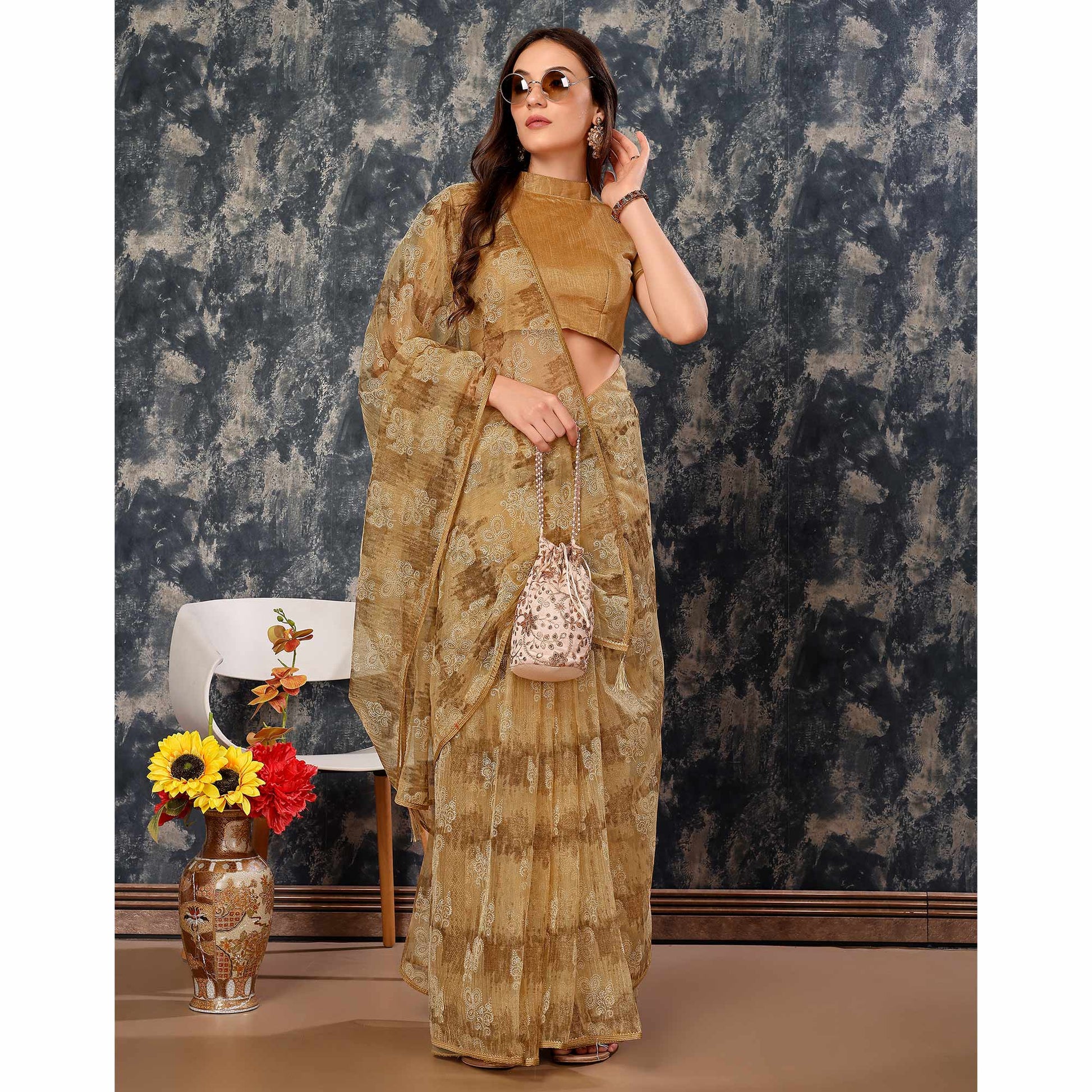 Chikoo Floral Printed With Zari Work Cotton Silk Saree