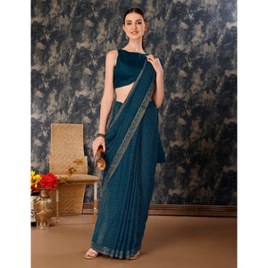 Blue Zari Embroidery Chiffon Saree With Lace Border