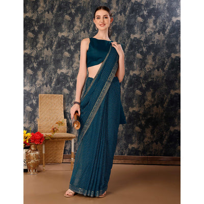 Blue Zari Embroidery Chiffon Saree With Lace Border