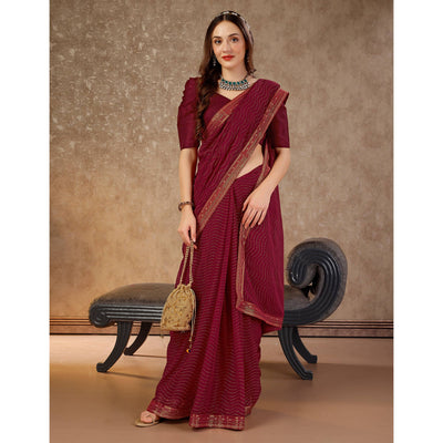 Maroon Zari Embroidery Chiffon Saree With Lace Border