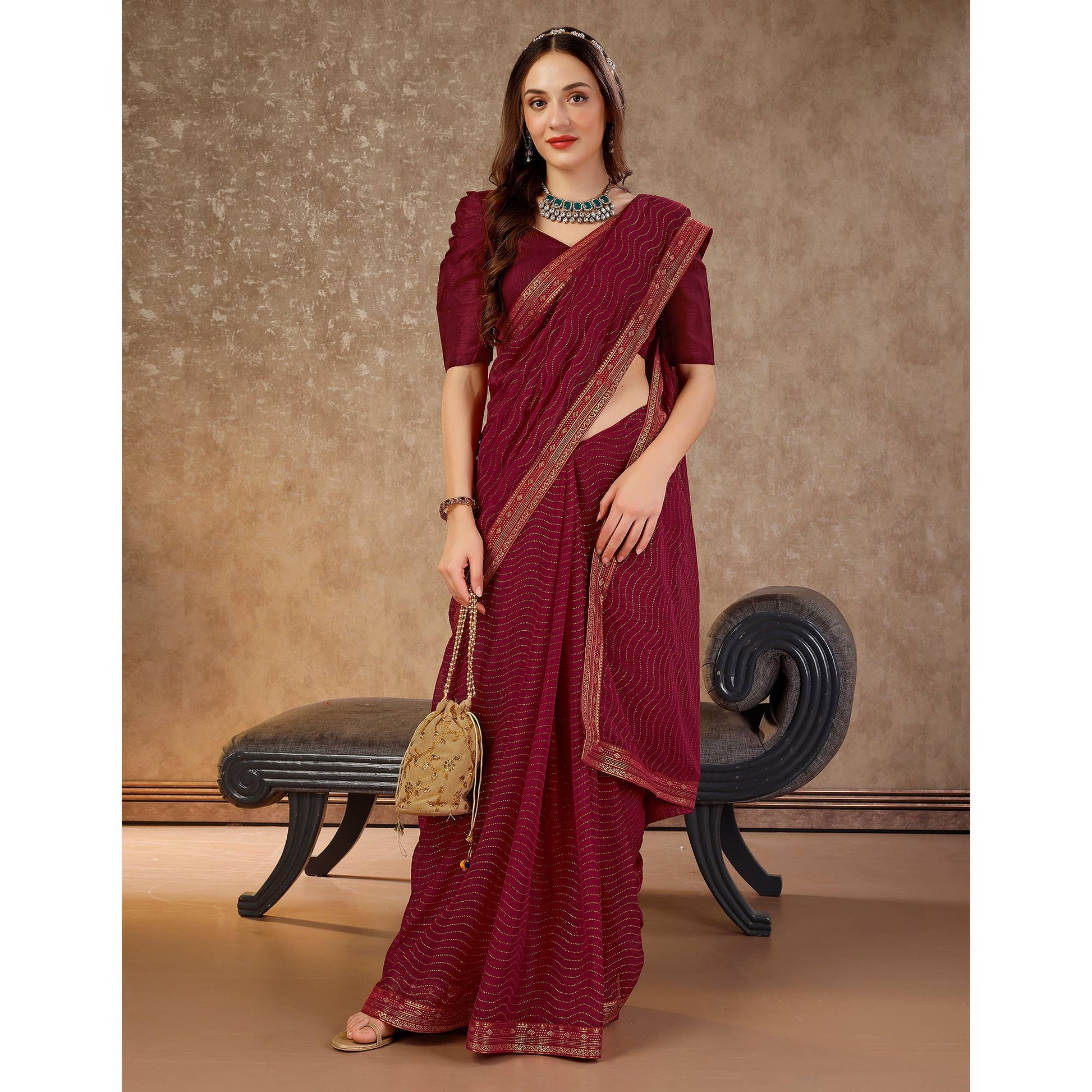 Maroon Zari Embroidery Chiffon Saree With Lace Border