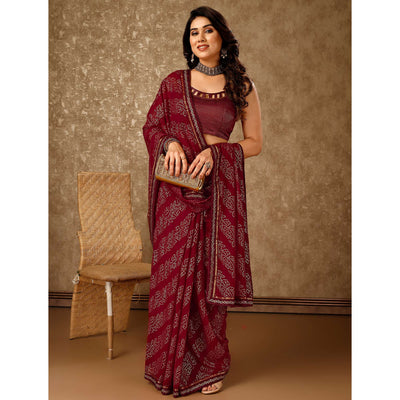 Maroon Bandhani Foil Printed Chiffon Saree With Lace Border