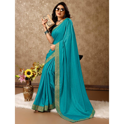Blue Solid Saree Vichitra Silk With Zari Lace Border