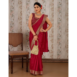 Maroon Solid Saree Vichitra Silk With Zari Lace Border