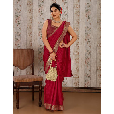 Maroon Solid Saree Vichitra Silk With Zari Lace Border