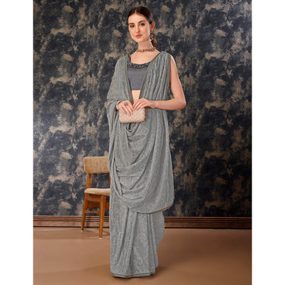 Grey Printed With Zari Work Chiffon Saree With Lace Border