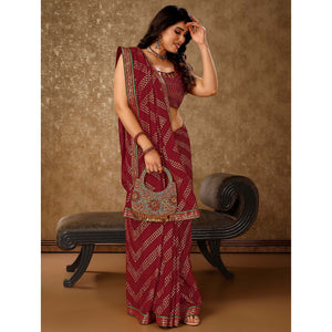 Maroon Foil Printed Chiffon Saree With Lace Border