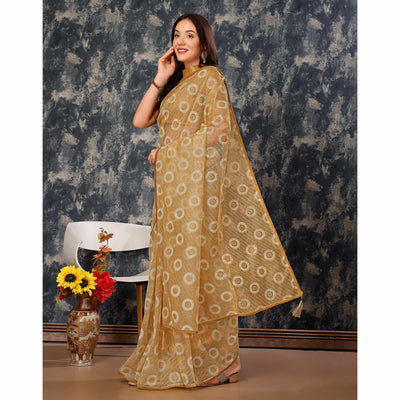 Chikoo Printed With Zari Work Cotton Silk Saree With Lace Border