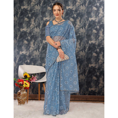 Greyish Blue Printed With Zari Work Cotton Silk Saree With Lace Border