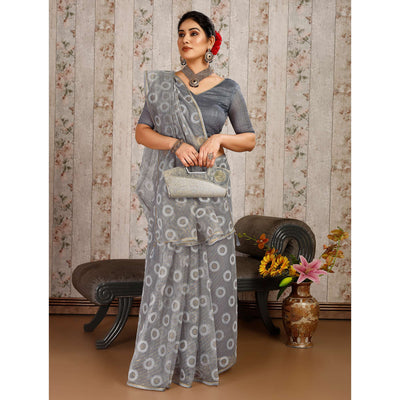 Grey Printed With Zari Work Cotton Silk Saree With Lace Border