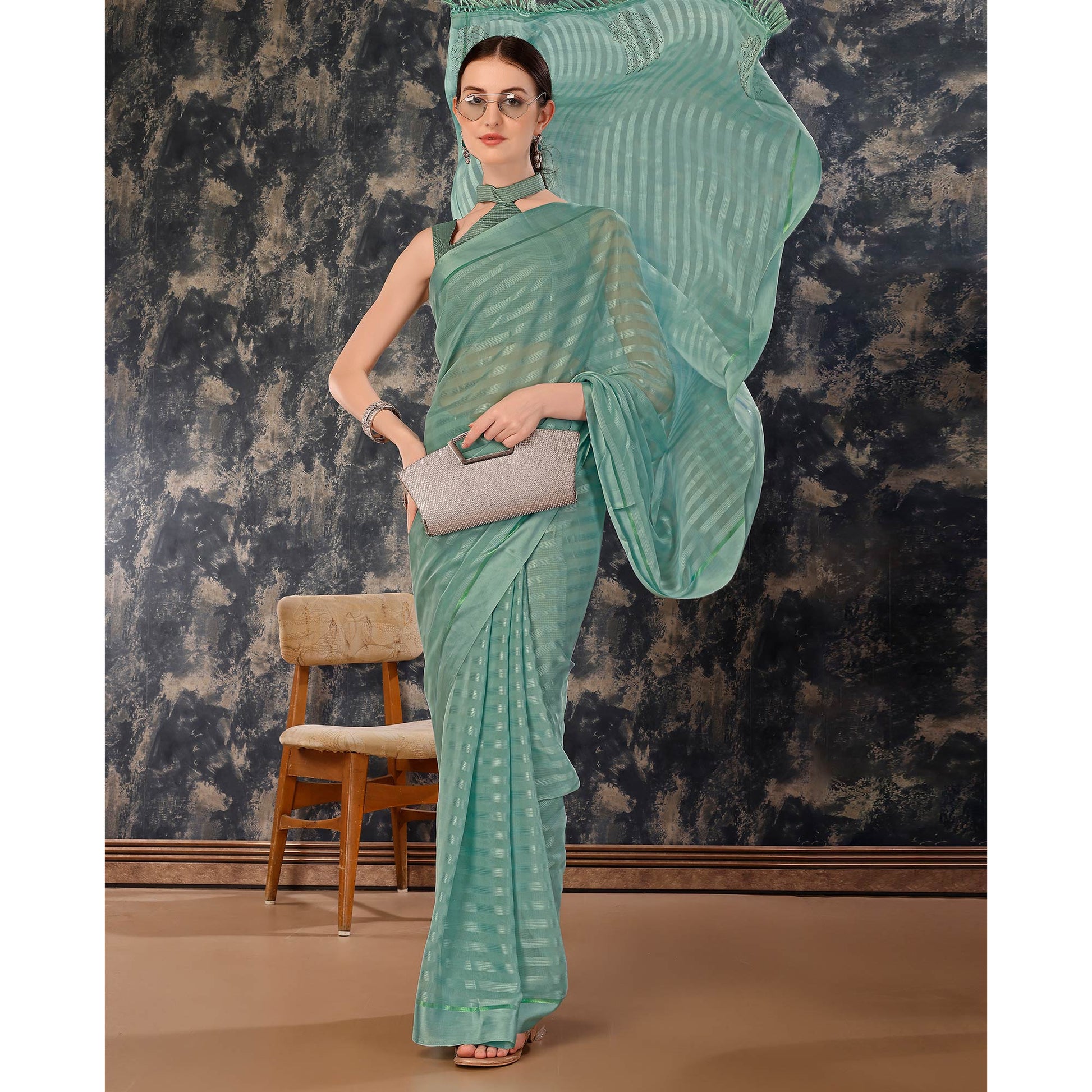 Dusty Green Swarovski Work Chiffon Saree With Tassels