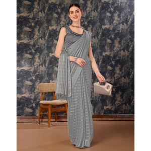 Grey Swarovski Work Chiffon Saree With Tassels