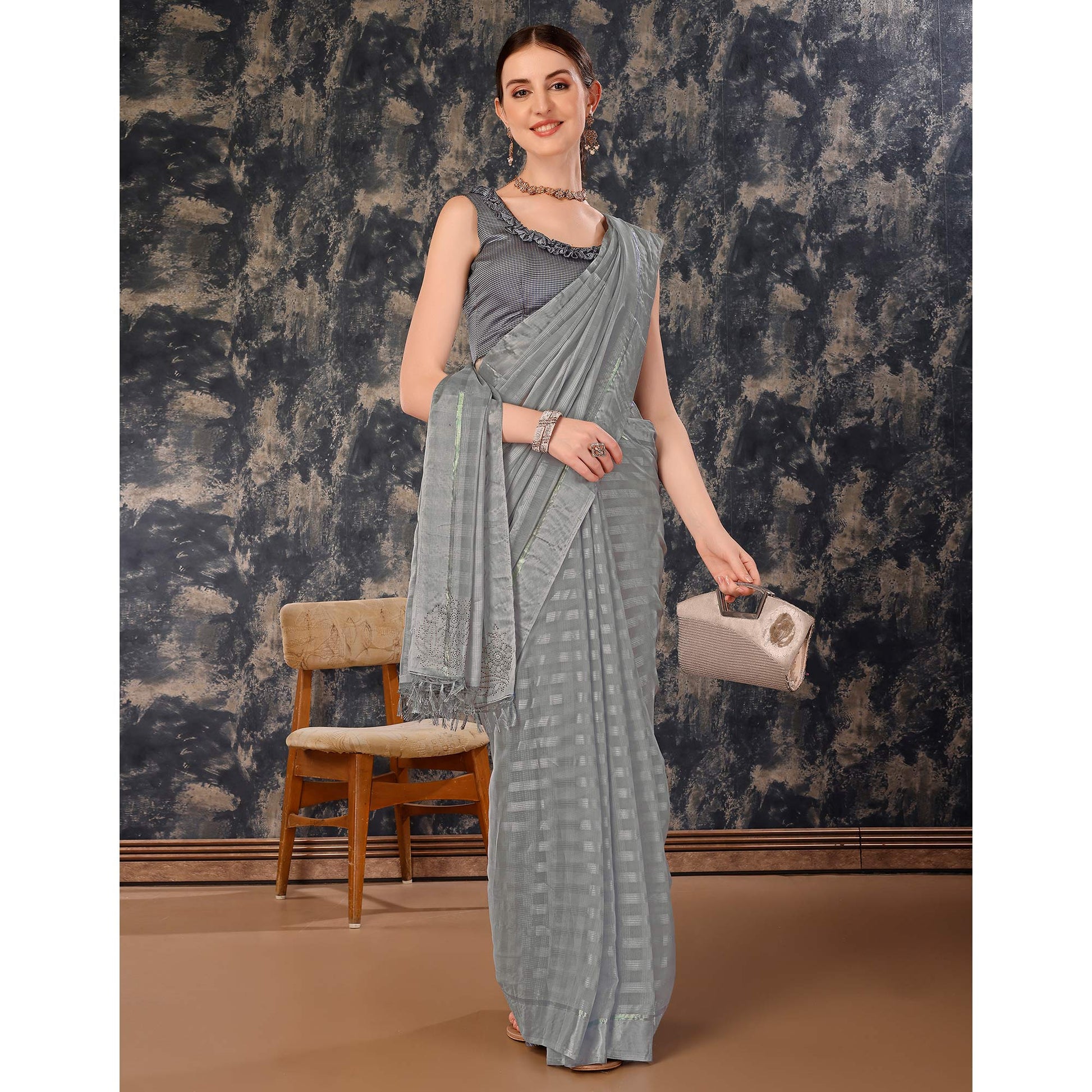 Grey Swarovski Work Chiffon Saree With Tassels