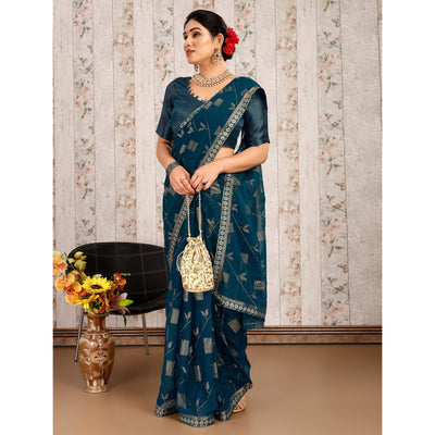 Morpich Floral Foil Printed Chiffon Saree With Lace Border