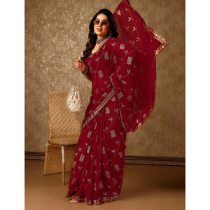 Maroon Floral Foil Printed Chiffon Saree With Lace Border