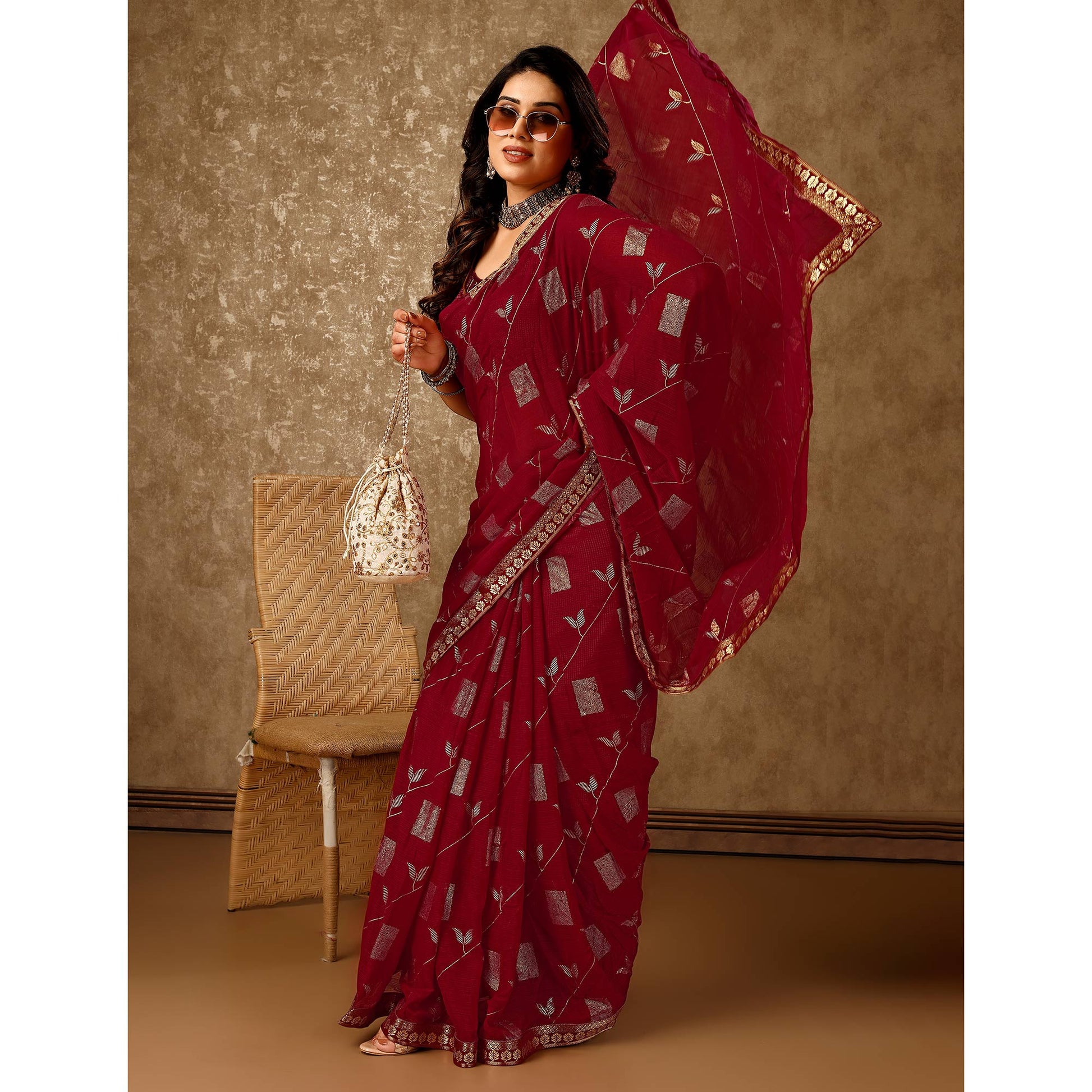 Maroon Floral Foil Printed Chiffon Saree With Lace Border