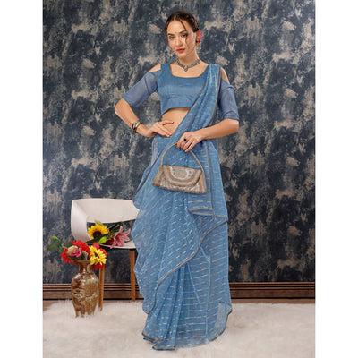 Greyish Blue Zari Printed Cotton Silk Saree Lace Border