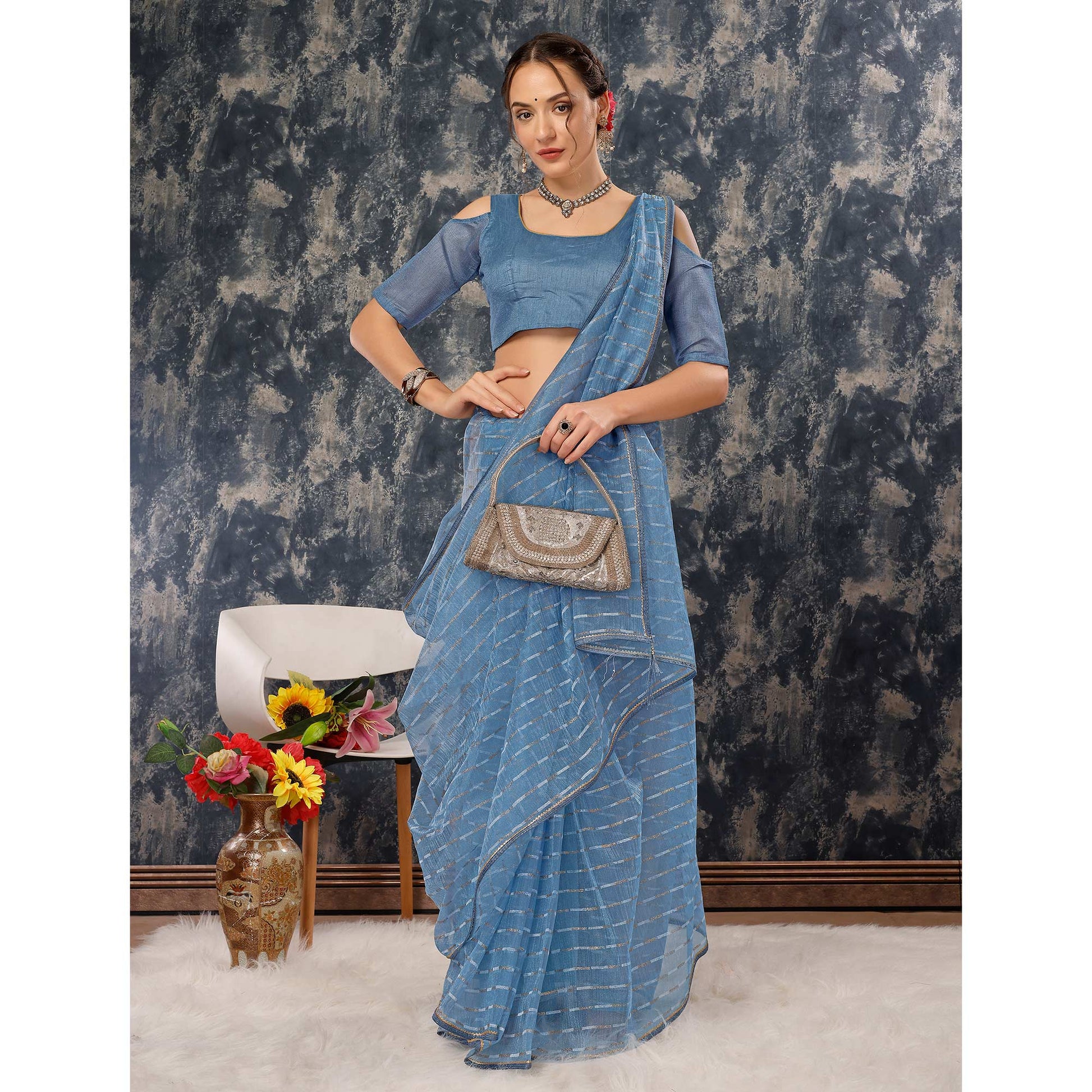 Greyish Blue Zari Printed Cotton Silk Saree Lace Border
