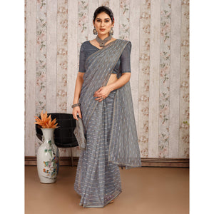 Grey Zari Printed Cotton Silk Saree Lace Border