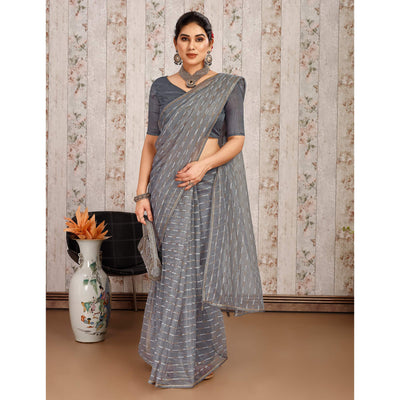 Grey Zari Printed Cotton Silk Saree Lace Border
