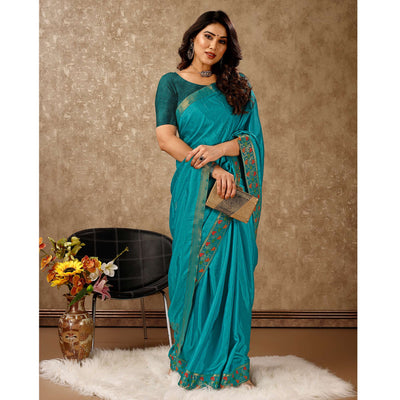 Blue Swarovski Work Vichitra Silk Saree Lace Border