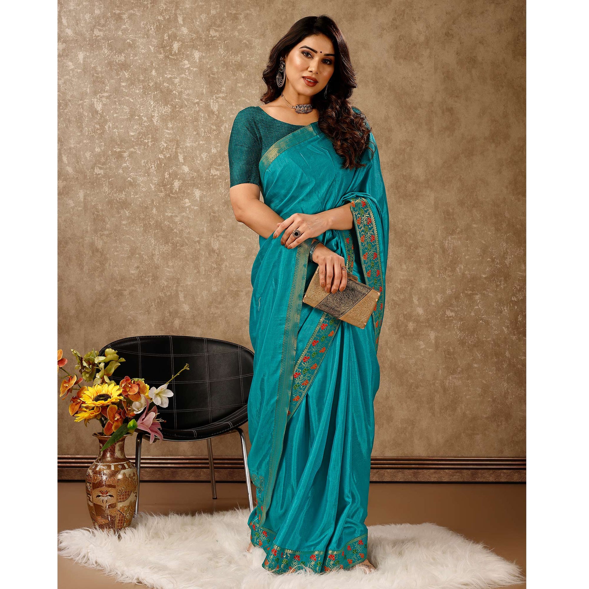 Blue Swarovski Work Vichitra Silk Saree Lace Border