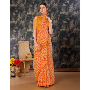 Light Orange Geometric Printed Chiffon Saree With Lace Border