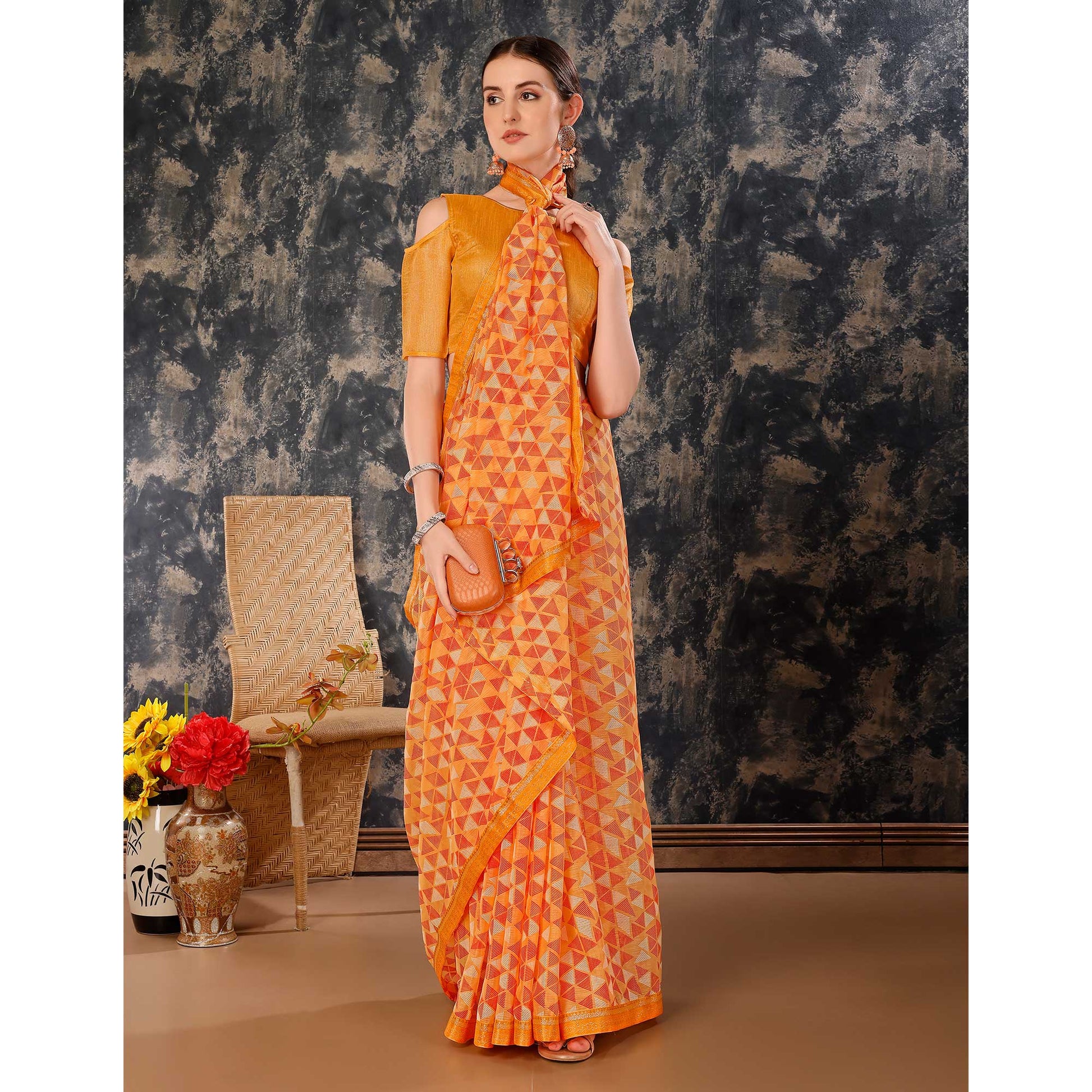 Light Orange Geometric Printed Chiffon Saree With Lace Border