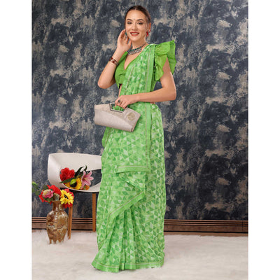 green-geometric-printed-chiffon-saree-with-lace-border