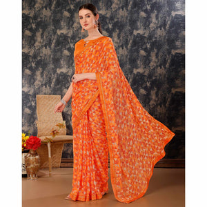 Dark Orange Geometric Printed Chiffon Saree With Lace Border