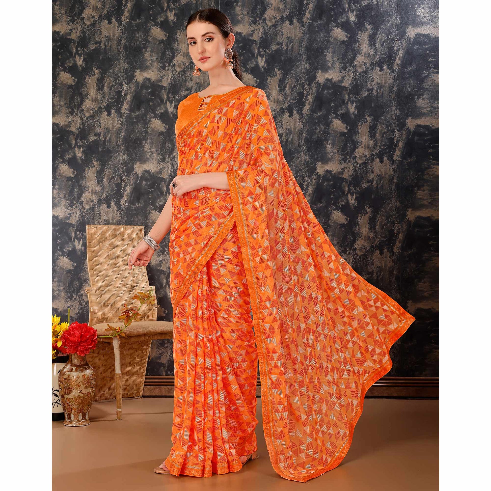 Dark Orange Geometric Printed Chiffon Saree With Lace Border