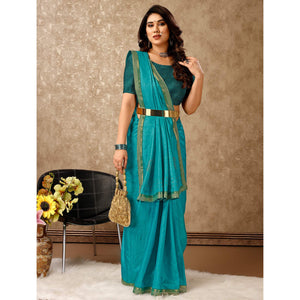 Blue Swarovski Work Vichitra Silk Saree With Lace Border